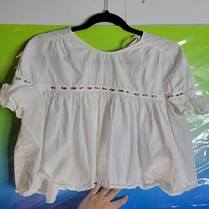 Woman Zara White Bejeweled Baby doll Crop top Cotton Size Medium